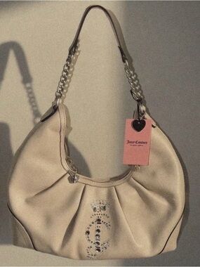 Juicy Couture Beige Rhinestone Chain Accent Logo Zip Closure Hobo Shoulder Bag